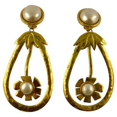 Christian Lacroix Vintage Oversized Gold Toned Flower Pearl Dangling Earrings