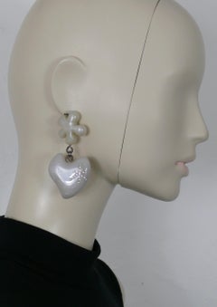 CHRISTIAN LACROIX Vintage Pearly Grey Resin Heart Dangling Earrings