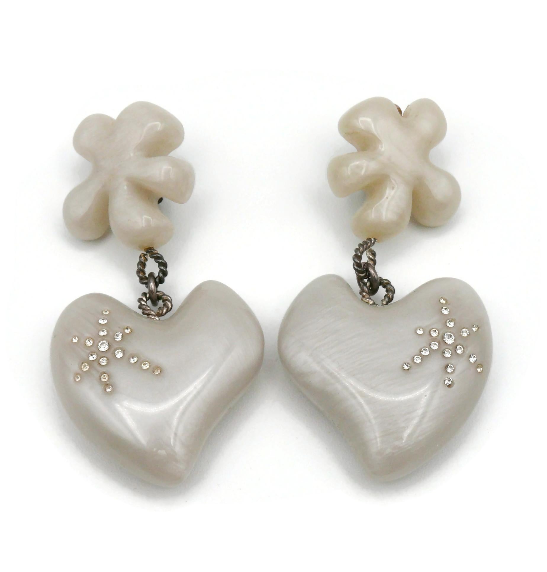 CHRISTIAN LACROIX Vintage Pearly Grey Resin Heart Dangling Earrings For Sale 2