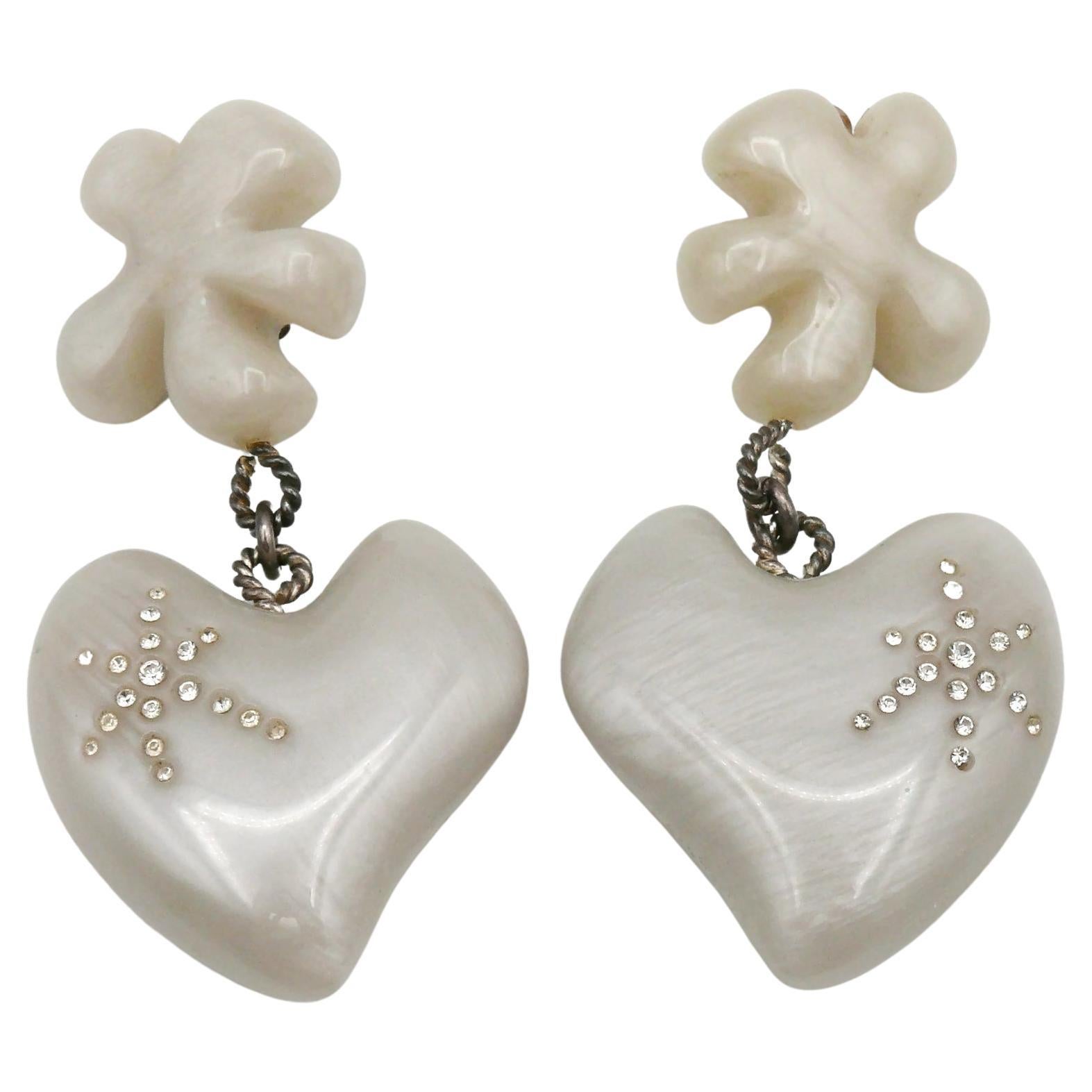 CHRISTIAN LACROIX Vintage Pearly Grey Resin Heart Dangling Earrings For Sale