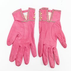 CHRISTIAN LACROIX Vintage pink leather gold stud embroidery short gloves Sz6.5