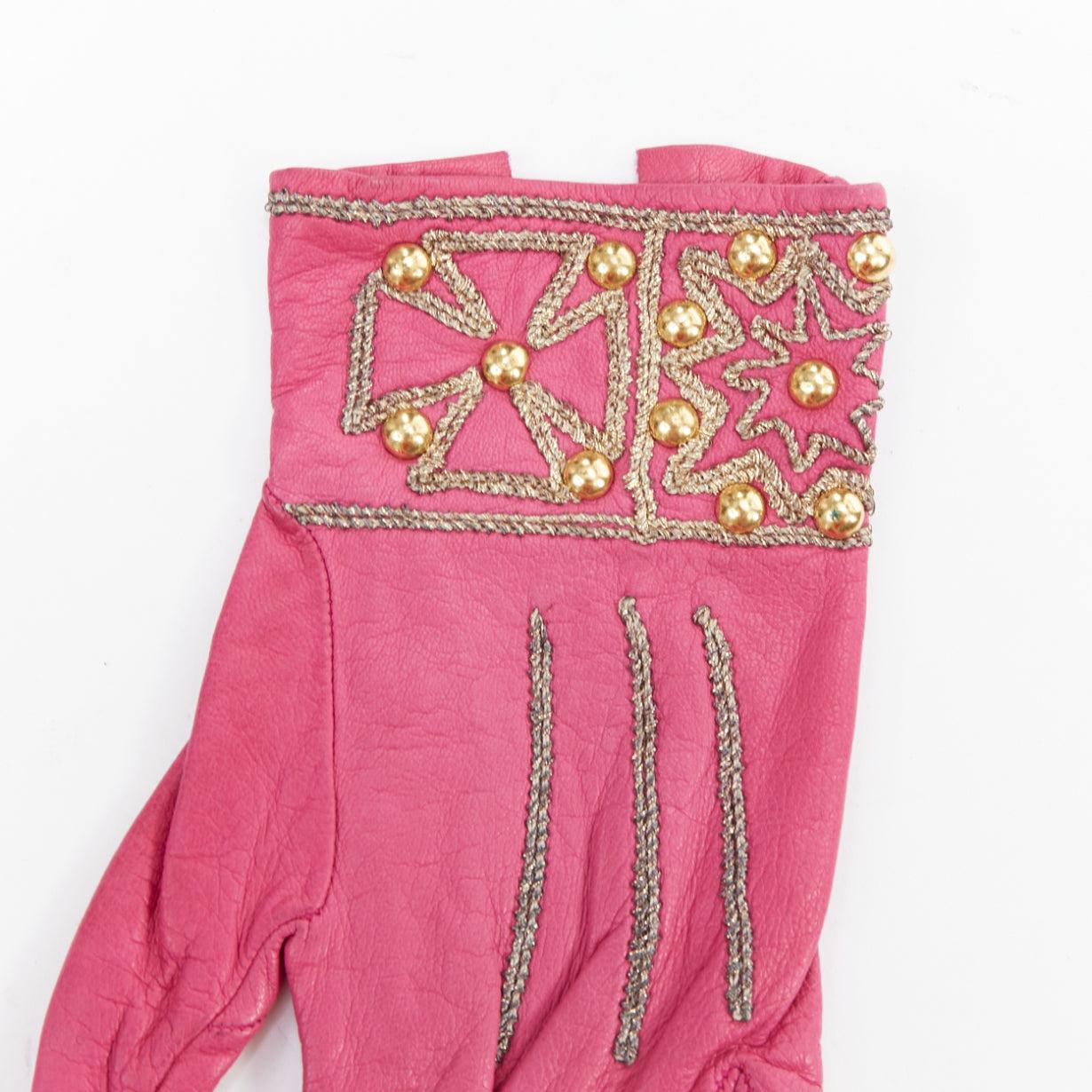 Pink CHRISTIAN LACROIX Vintage pink leather gold stud embroidery short gloves Sz6.5 For Sale