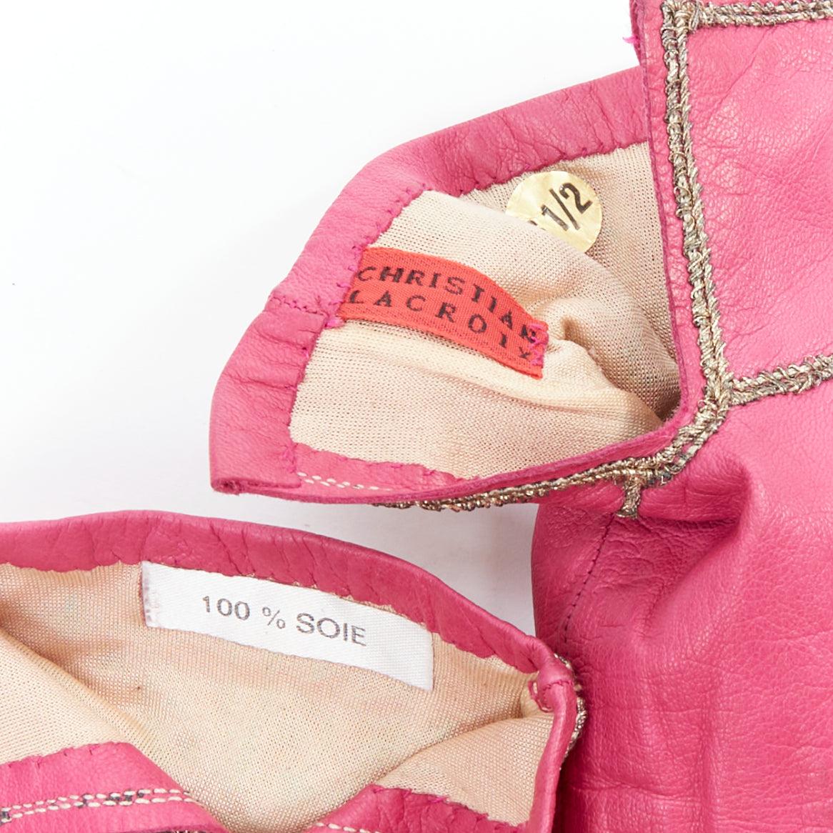 Women's CHRISTIAN LACROIX Vintage pink leather gold stud embroidery short gloves Sz6.5 For Sale
