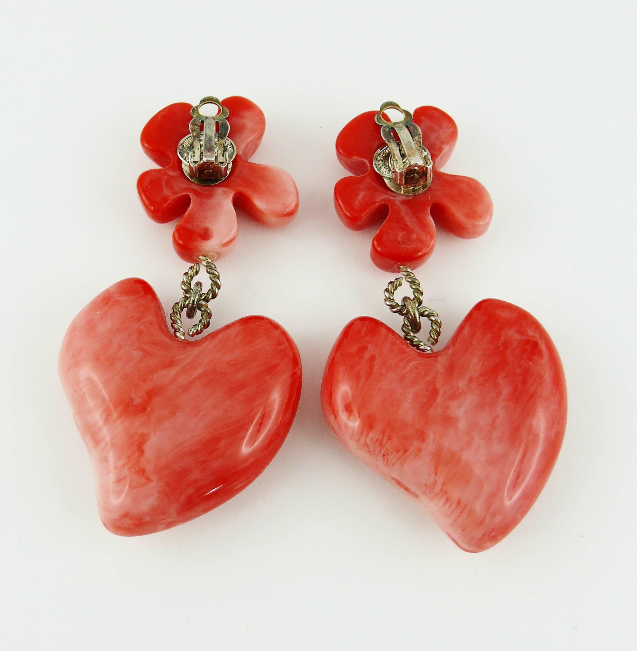 CHRISTIAN LACROIX Vintage Pink Resin Heart Dangling Earrings For Sale 1