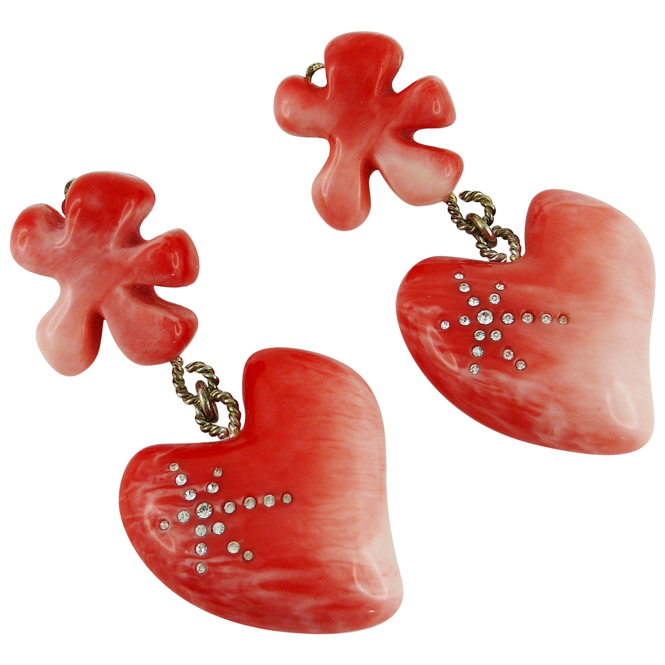 CHRISTIAN LACROIX Vintage Pink Resin Heart Dangling Earrings For Sale