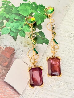 Christian Lacroix Vintage Rare Aurora Gold Emerald Vine Long Drop Clip Earrings