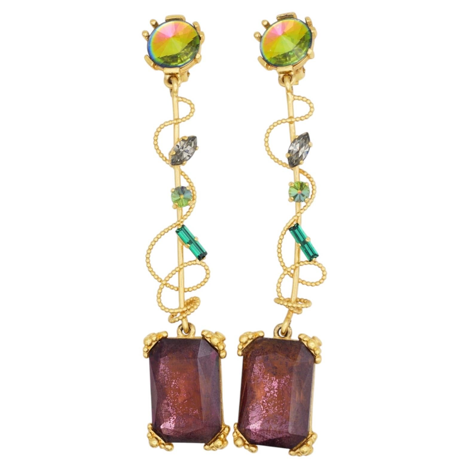 Christian Lacroix Vintage Rare Aurora Gold Emerald Vine Long Drop Clip Earrings