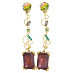 Christian Lacroix Vintage Rare Aurora Gold Emerald Vine Long Drop Clip Earrings