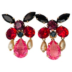 Christian Lacroix Vintage Rare Butterfly Ruby Pink Crystals Pearls Drop Earrings