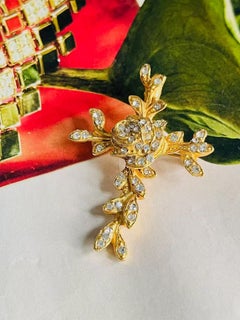Christian Lacroix Vintage Rare Gold Cross Crystals Rose Leaf Brooch Pendant
