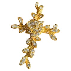Christian Lacroix Vintage Rare Gold Cross Crystals Rose Leaf Brooch Pendant