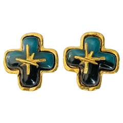 Christian Lacroix – Vintage, seltene, goldene Kreuz-Stern-Ohrringe von Jelly Belly in Blau, klobig