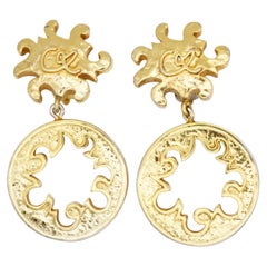 Christian Lacroix Vintage Rare Gold Double Fire Flame Sun Circle Drop Earrings