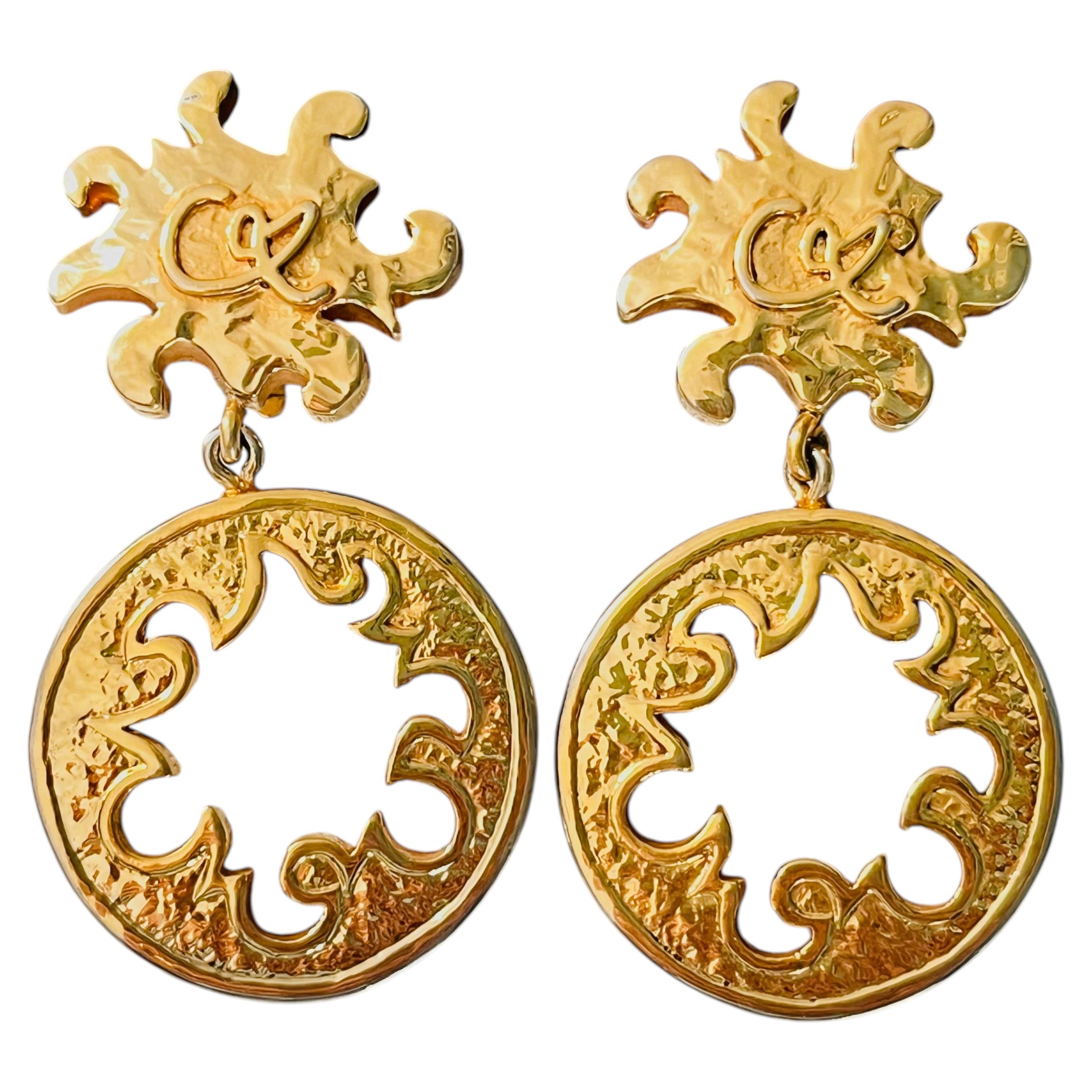 Christian Lacroix Vintage Rare Gold Double Fire Flame Sun Circle Drop Earrings For Sale