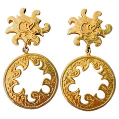 Christian Lacroix Vintage Rare Gold Double Fire Flame Sun Circle Drop Earrings