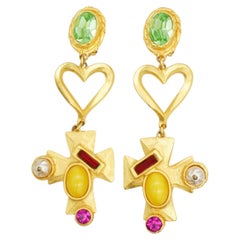 Christian Lacroix Vintage Rare Gold Pearl Crystals Cross Oval Statement Earrings