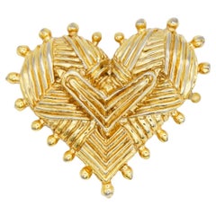 Christian Lacroix Vintage Rare Gold Textured Huge Crisscross Heart Chunky Brooch