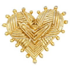 Christian Lacroix Vintage Rare Gold Textured Huge Crisscross Heart Chunky Brooch