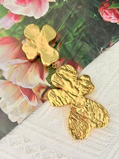 Christian Lacroix Vintage Rare Huge Gold Cross Hammered Lava Double Heart Brooch