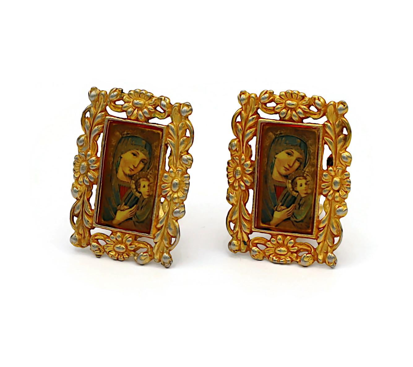 CHRISTIAN LACROIX Vintage Rare Madonna with Child Icon Clip-On Earrings For Sale 1