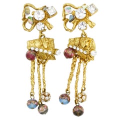 Christian Lacroix Vintage Rare Red Blue Shell Long Drop Statement Gold Earrings