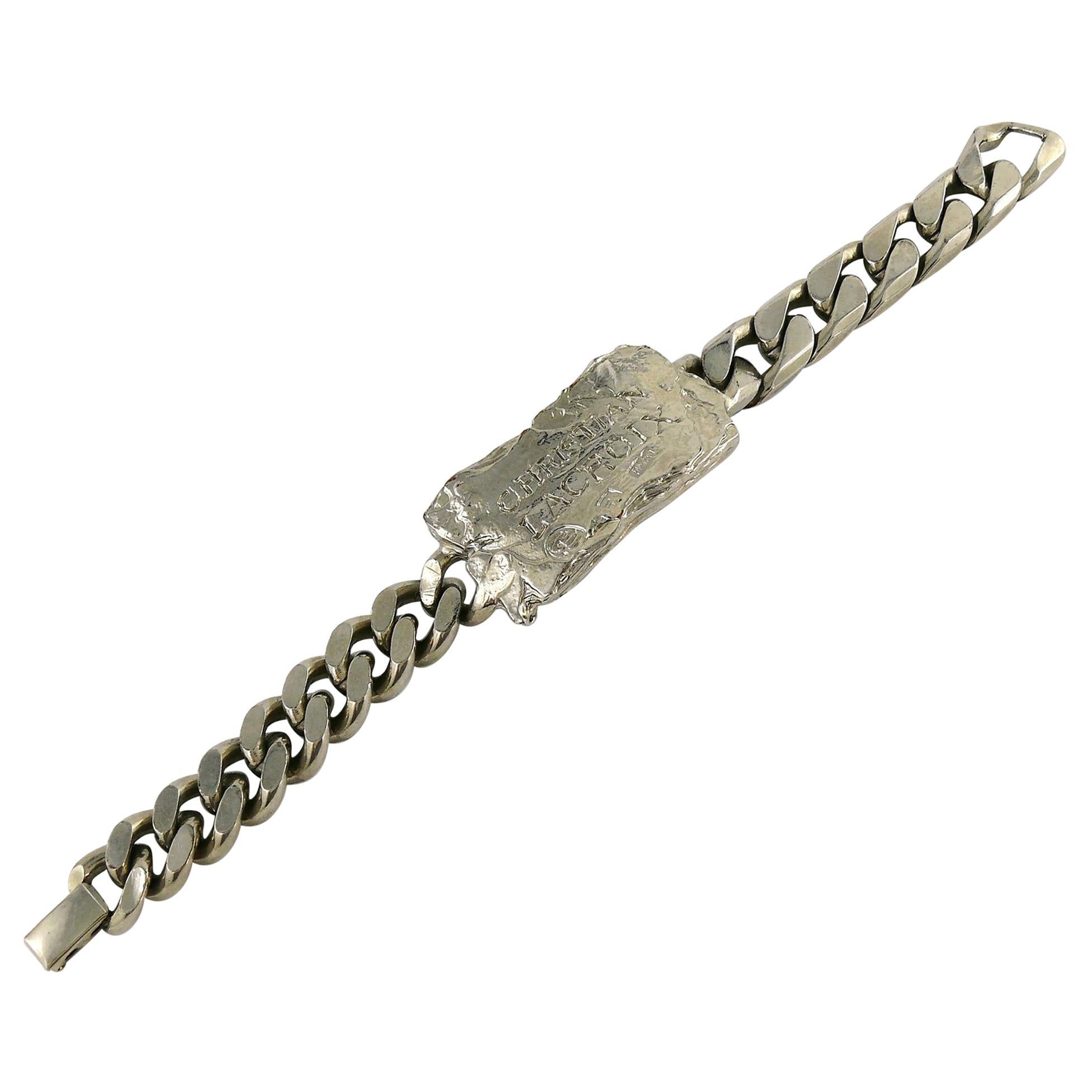 Christian Lacroix Vintage Rare Silver Toned ID Tag Curb Bracelet For Sale