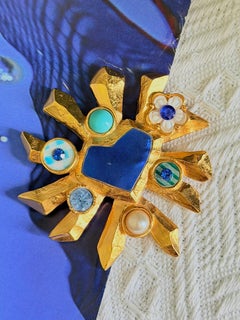 Christian Lacroix – Seltene Vintage-Statement-Brosche in Sunburst-Blau und Türkis mit Perlen