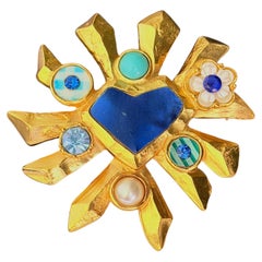 Christian Lacroix – Seltene Vintage-Statement-Brosche in Sunburst-Blau und Türkis mit Perlen