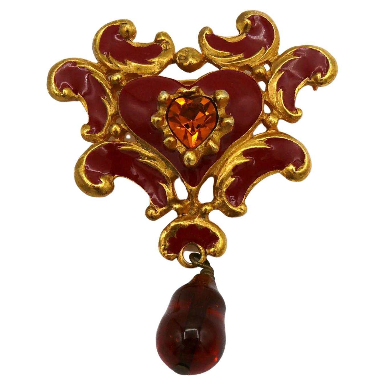 CHRISTIAN LACROIX Vintage Red Enamel Heart Brooch For Sale