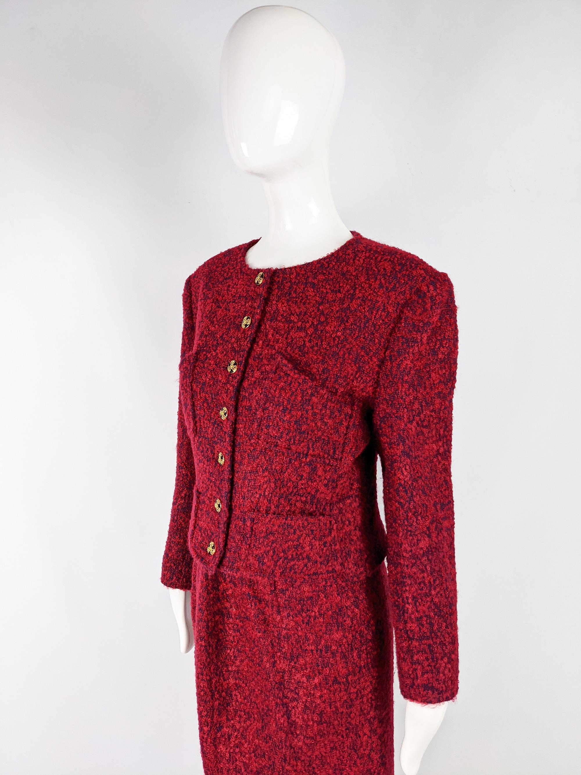 Christian Lacroix Vintage Red Mohair Wool Boucle Tweed Skirt Suit In Excellent Condition For Sale In Doncaster, South Yorkshire
