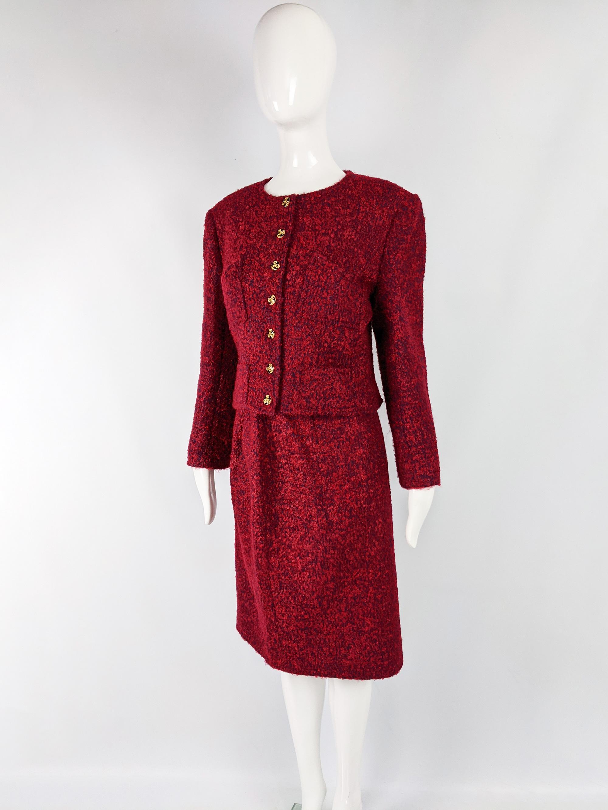 Christian Lacroix Vintage Red Mohair Wool Boucle Tweed Skirt Suit For Sale 1