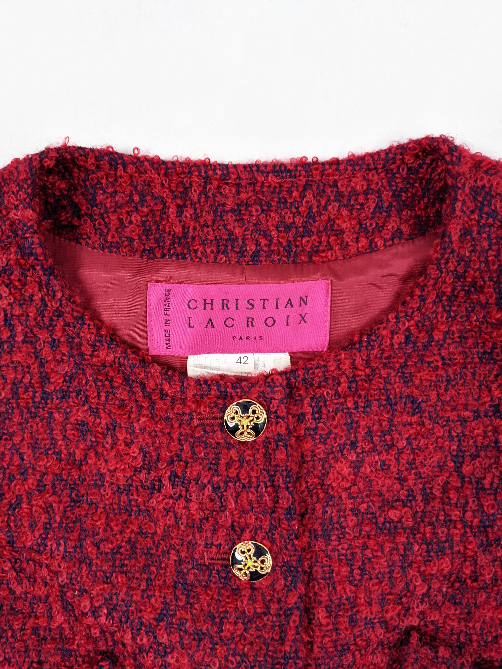 Christian Lacroix Vintage Red Mohair Wool Boucle Tweed Skirt Suit For Sale 3