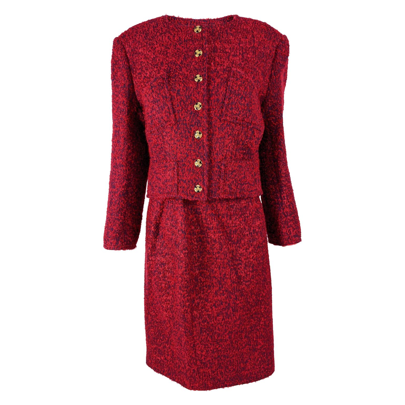 Christian Lacroix Vintage Red Mohair Wool Boucle Tweed Skirt Suit For Sale