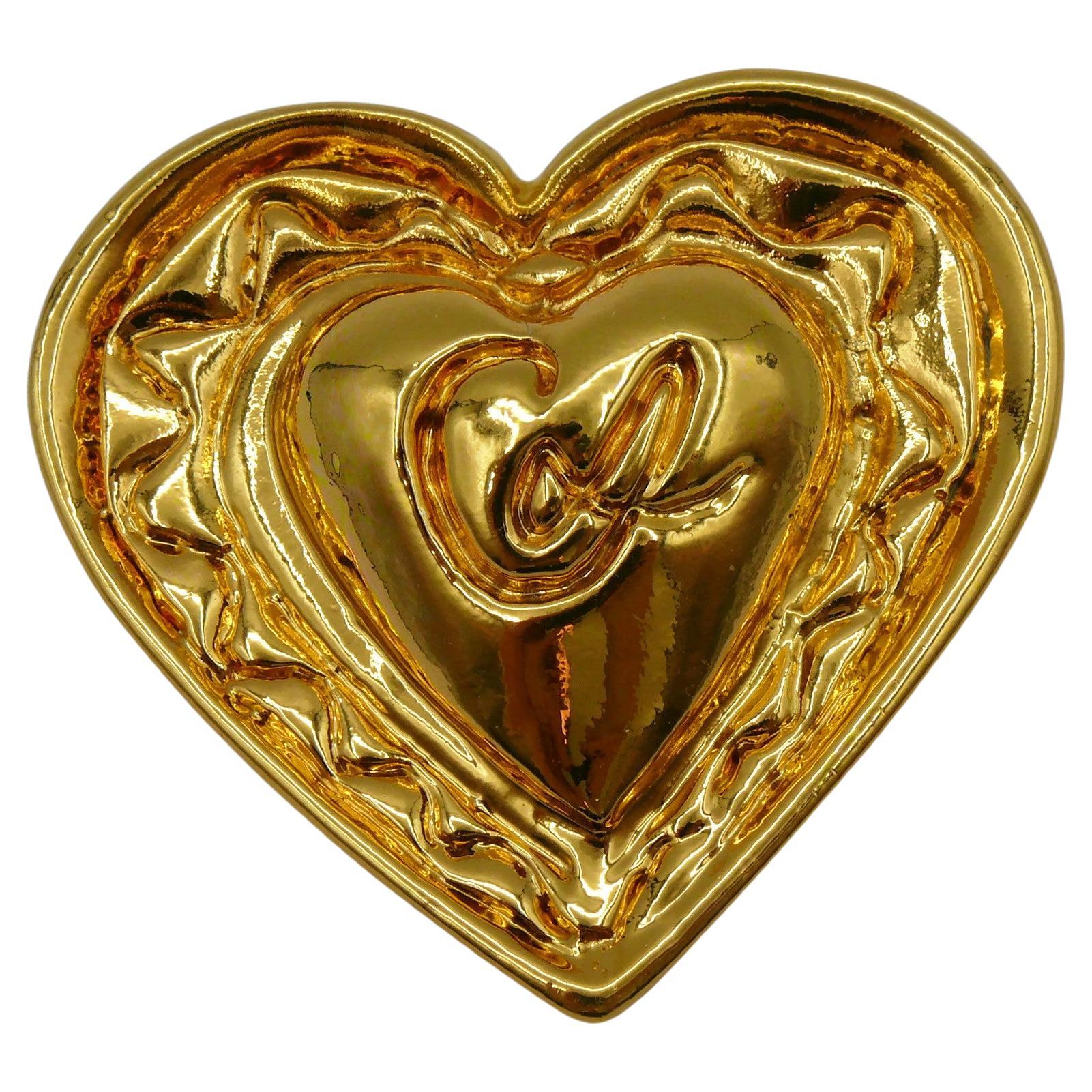 CHRISTIAN LACROIX Vintage Gold Tone Resin Heart Brooch For Sale