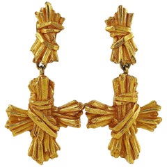 Christian Lacroix Vintage Ribbed Textured Bundle Cross Dangling Earrings