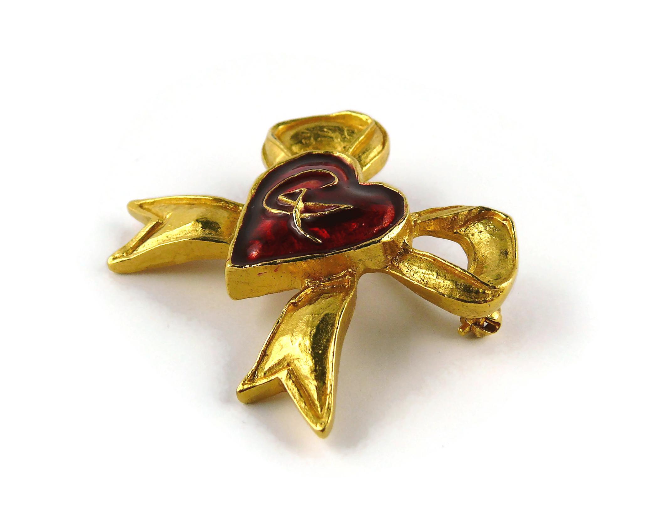 Christian Lacroix Vintage Ribbon Bow Red Enamel Heart Brooch For Sale 1