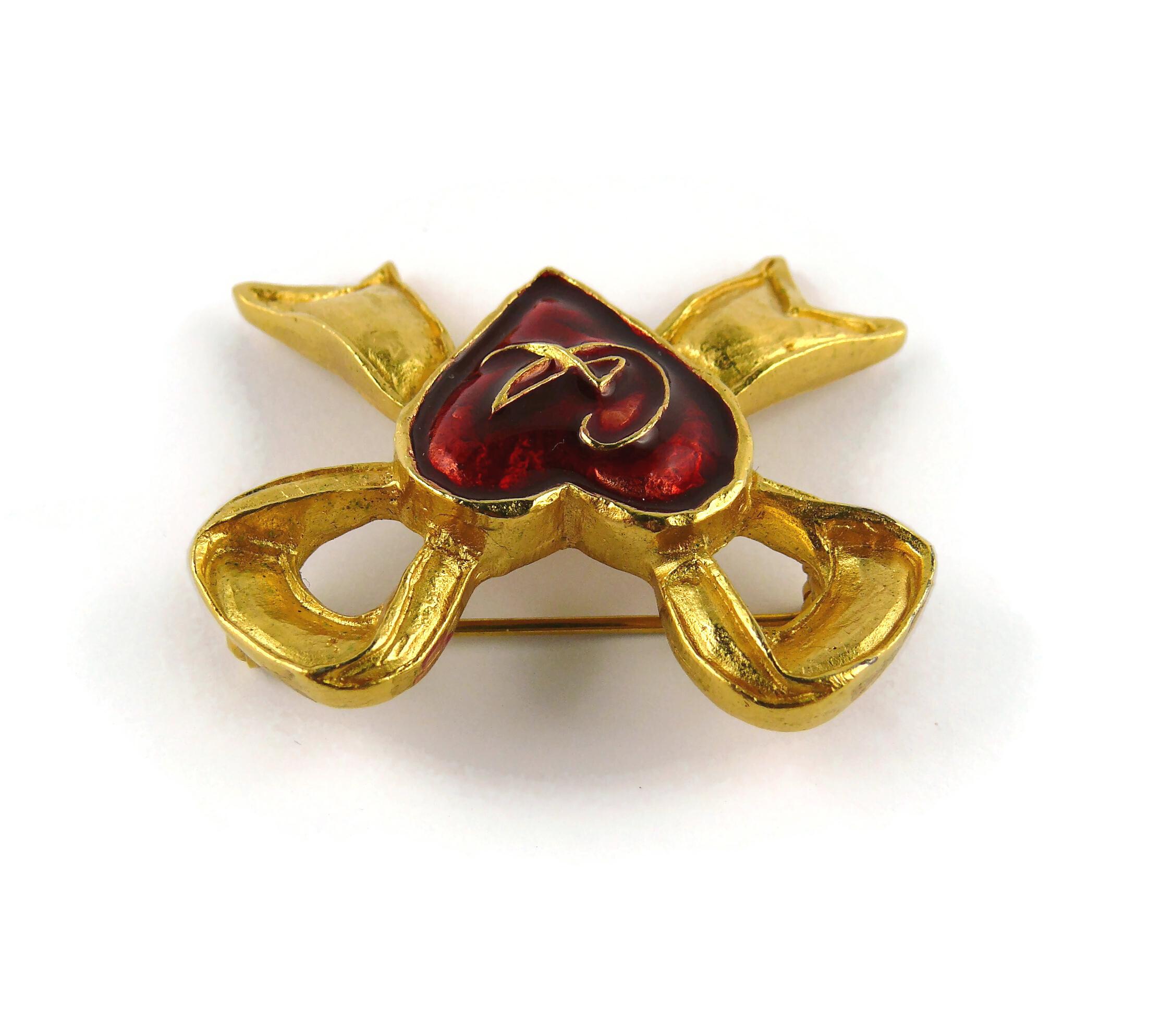 Christian Lacroix Vintage Ribbon Bow Red Enamel Heart Brooch For Sale 2