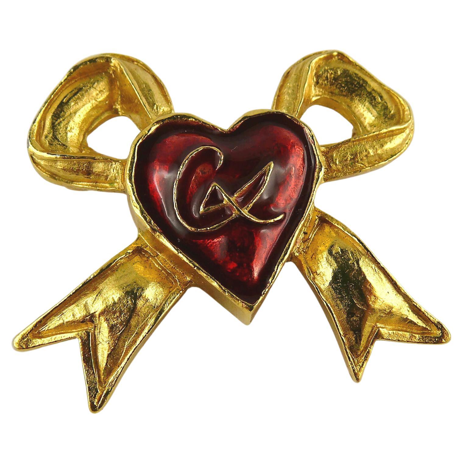 Christian Lacroix Vintage Ribbon Bow Red Enamel Heart Brooch For Sale