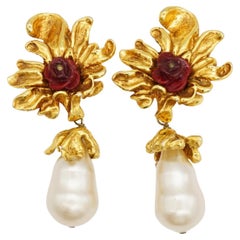 Christian Lacroix Vintage Rose Burgund Blume Perle Wasser Tropfen Chunky Ohrringe