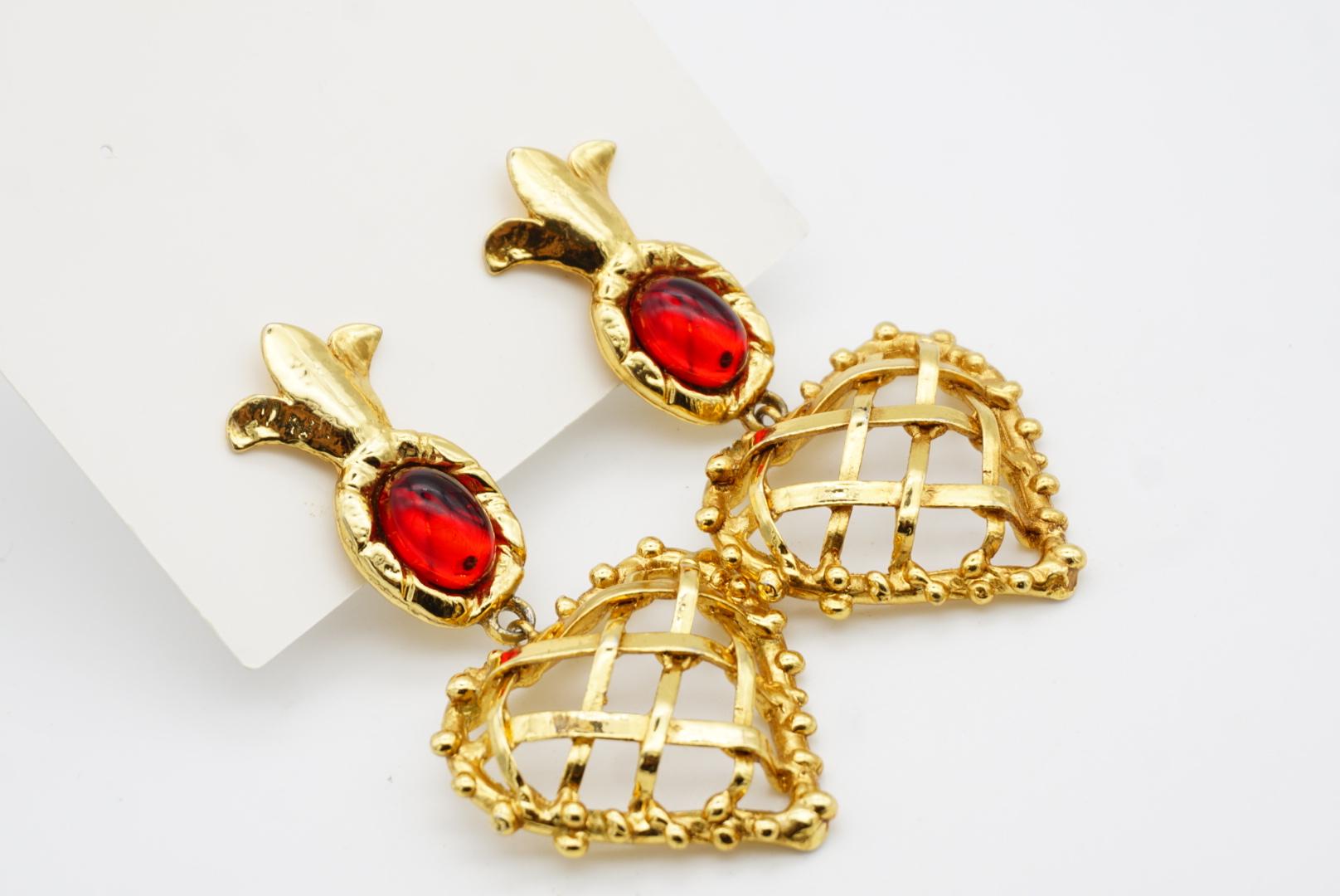 Christian Lacroix Vintage Ruby Heart Pineapple Criss Cross Drop Chunky Earrings For Sale 5