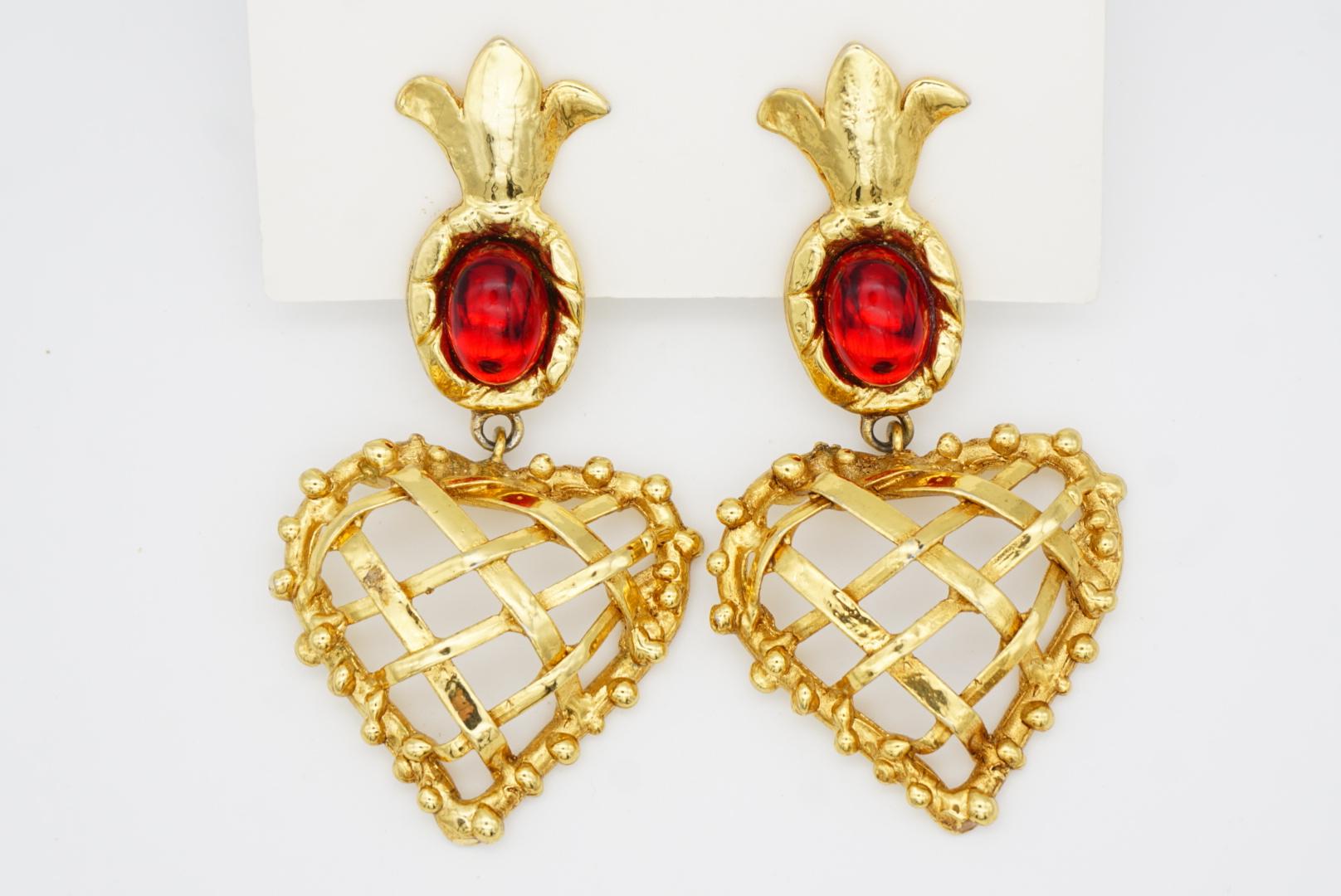Christian Lacroix Vintage Ruby Heart Pineapple Criss Cross Drop Chunky Earrings For Sale 6