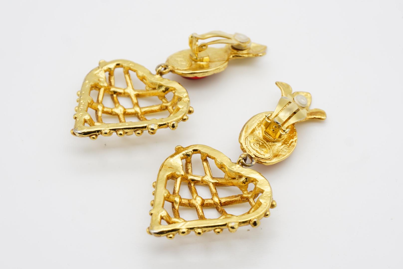 Christian Lacroix Vintage Ruby Heart Pineapple Criss Cross Drop Chunky Earrings For Sale 7