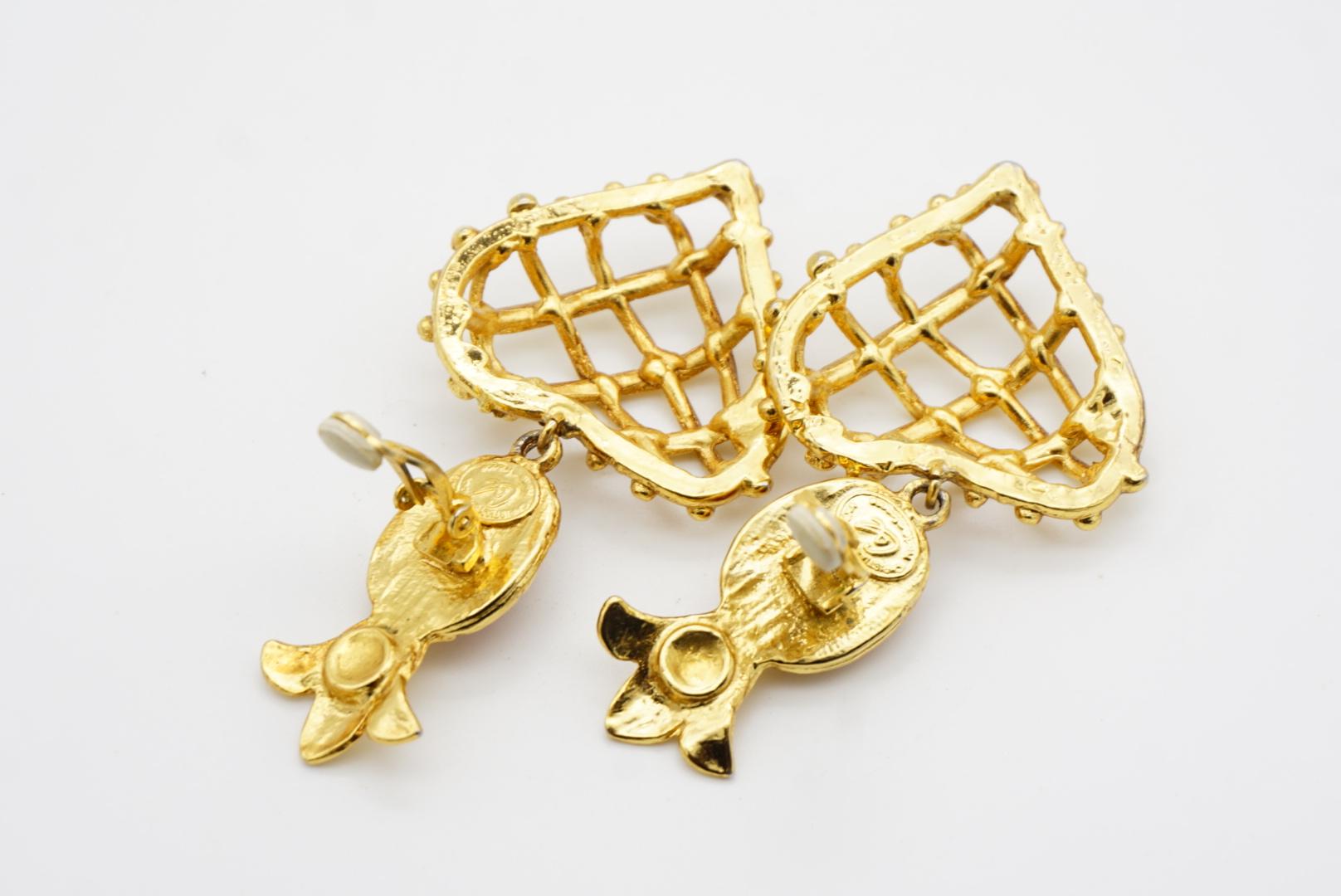 Christian Lacroix Vintage Ruby Heart Pineapple Criss Cross Drop Chunky Earrings For Sale 9