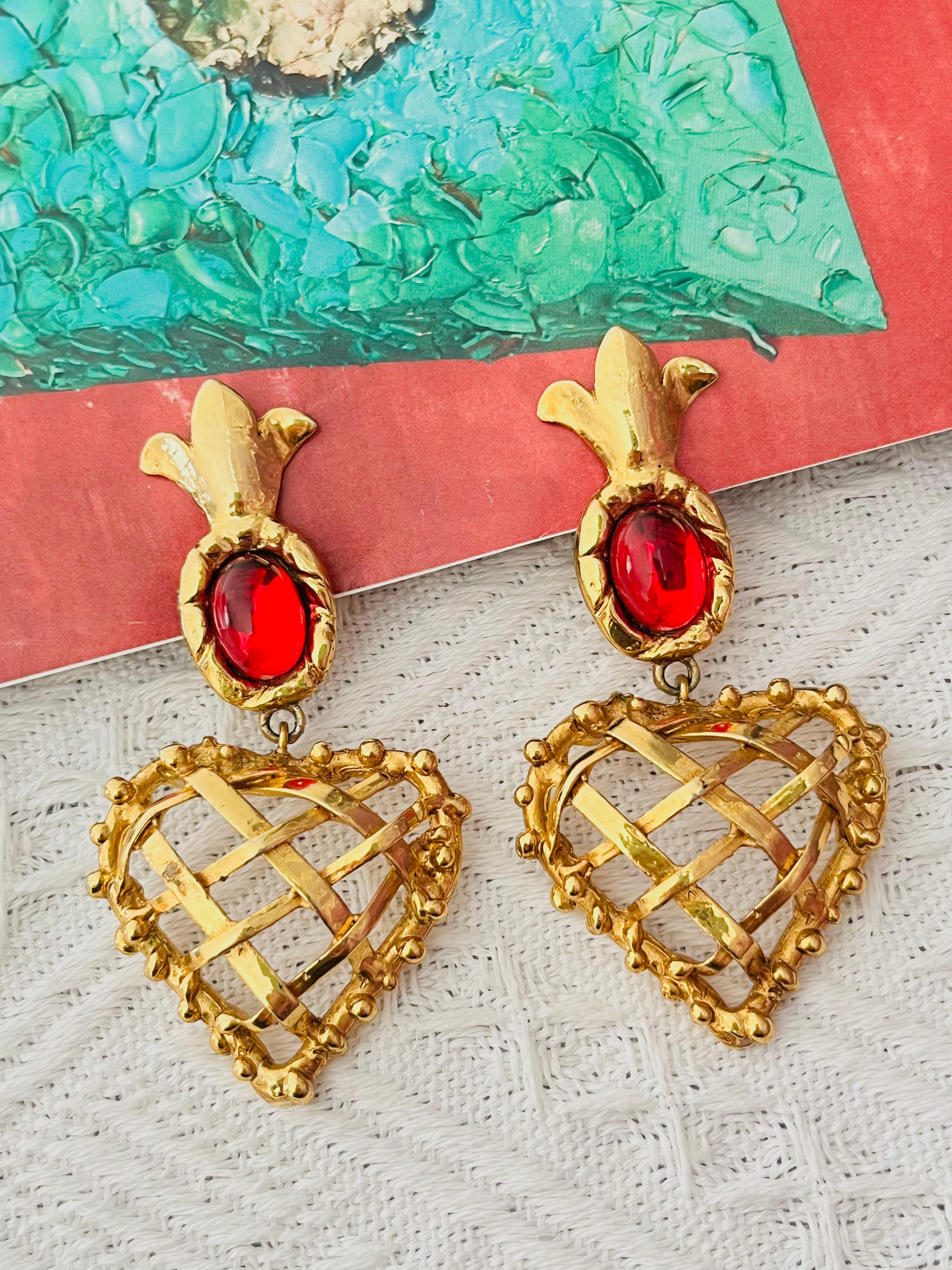 Art Deco Christian Lacroix Vintage Ruby Heart Pineapple Criss Cross Drop Chunky Earrings For Sale