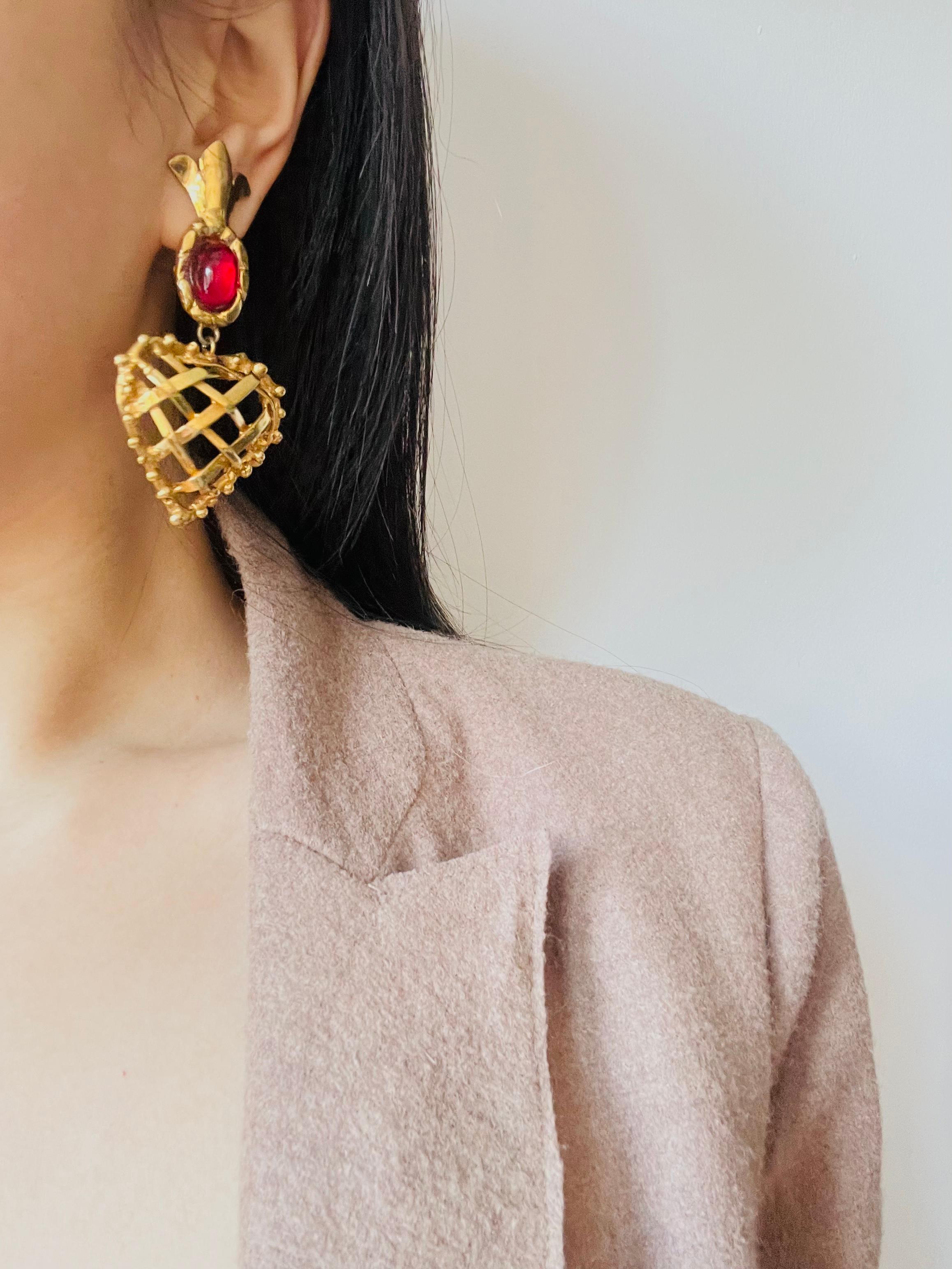 Christian Lacroix Vintage Ruby Heart Pineapple Criss Cross Drop Chunky Earrings For Sale 1