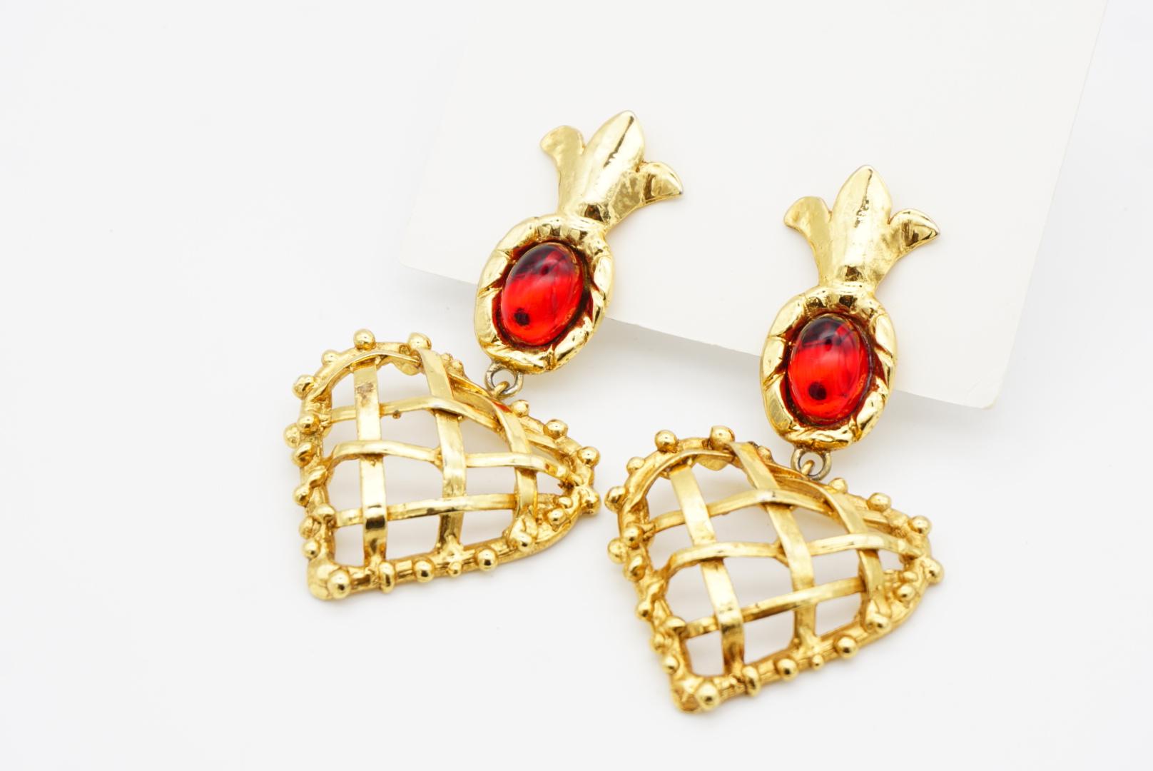 Christian Lacroix Vintage Ruby Heart Pineapple Criss Cross Drop Chunky Earrings For Sale 4