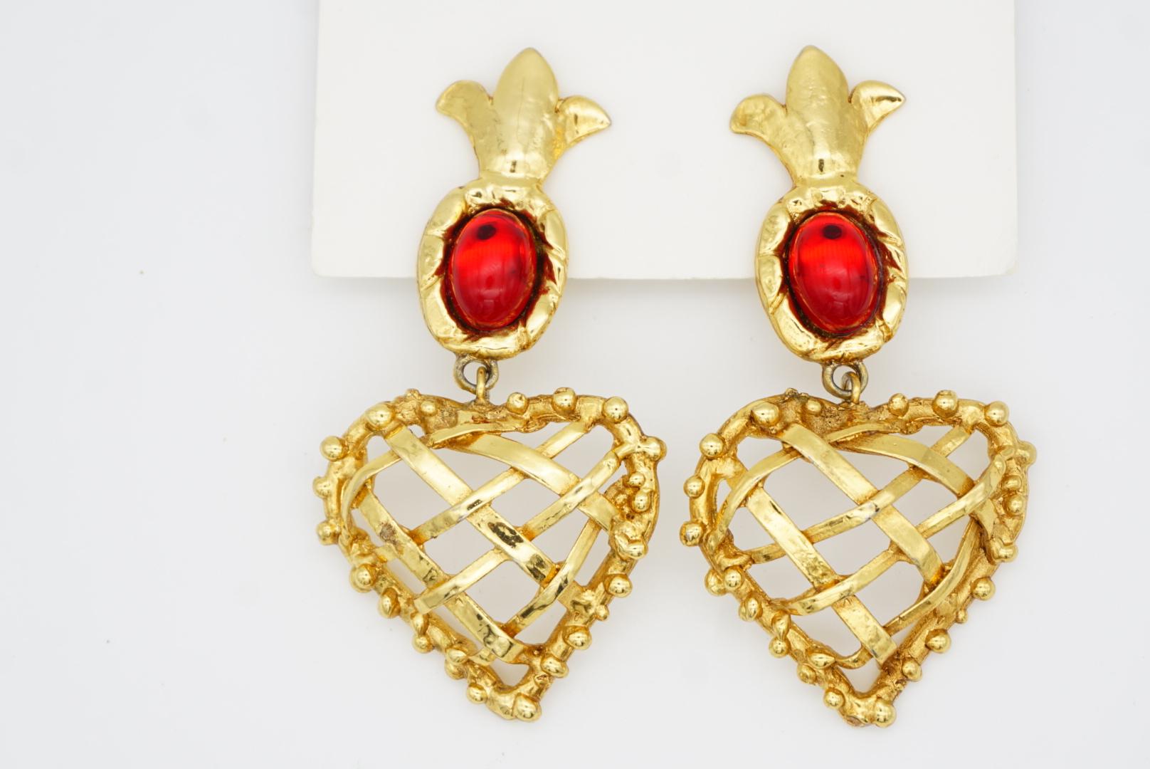 Christian Lacroix Vintage Rubin Herz Ananas Criss Kreuz Tropfen Chunky Ohrringe im Angebot 4