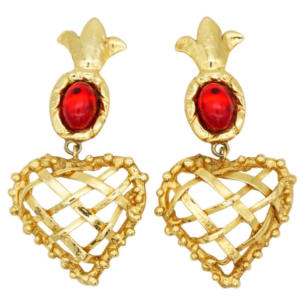 Christian Lacroix Vintage Ruby Heart Pineapple Criss Cross Drop Chunky Earrings