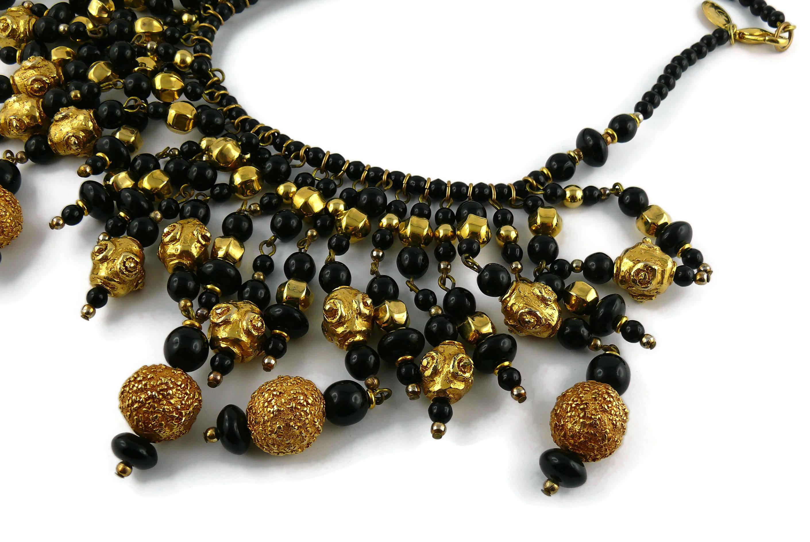 Christian Lacroix Vintage Runway Black Glass Beads Gold Toned Balls Bib Necklace For Sale 3