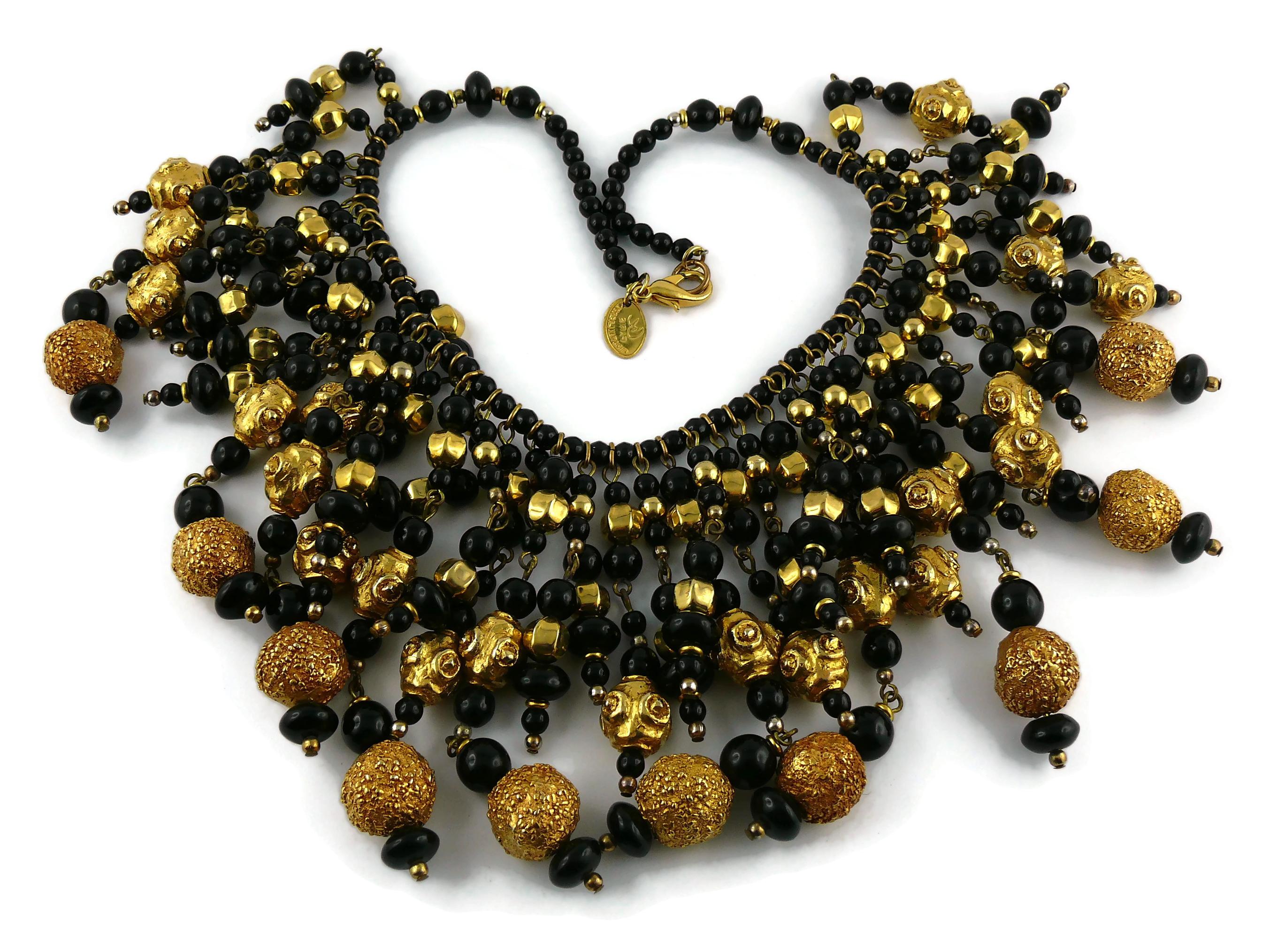 Christian Lacroix Vintage Runway Black Glass Beads Gold Toned Balls Bib Necklace For Sale 4